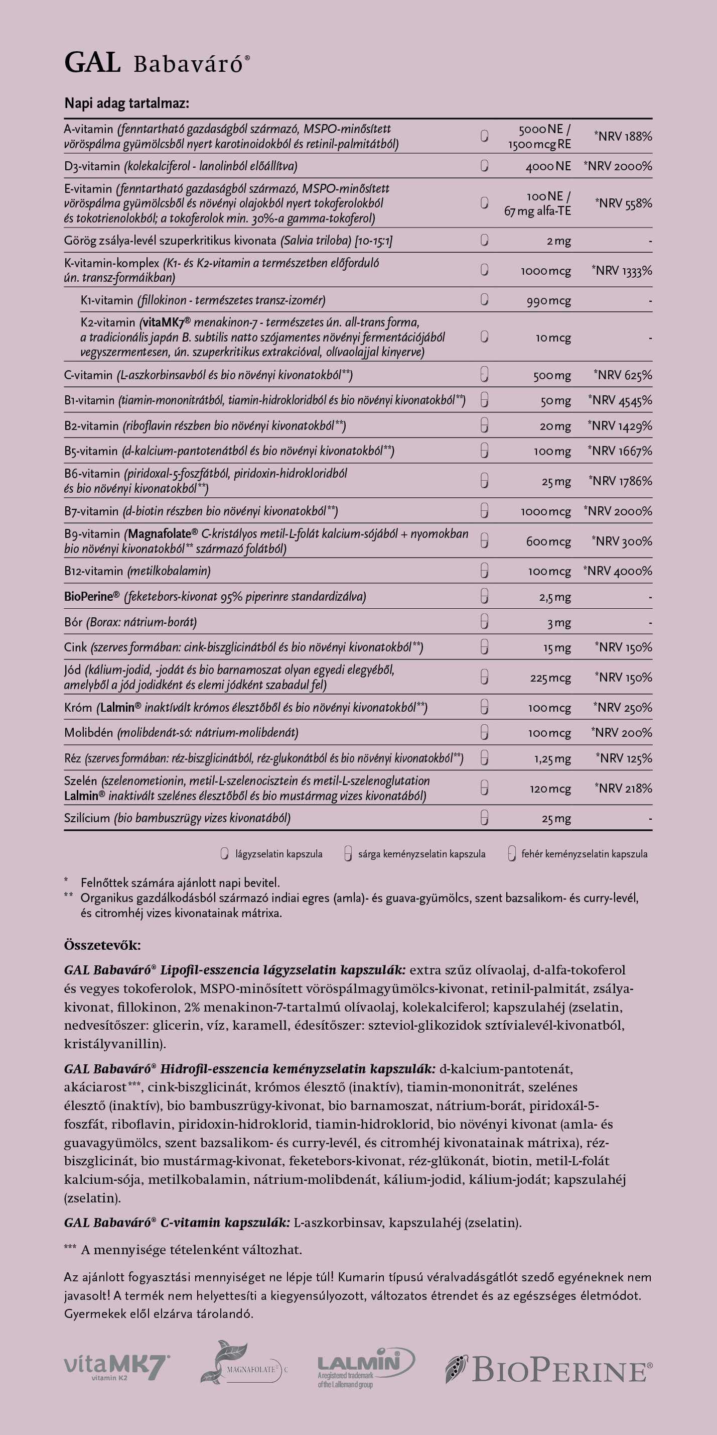 GAL Babaváró Multivitamin összetevők