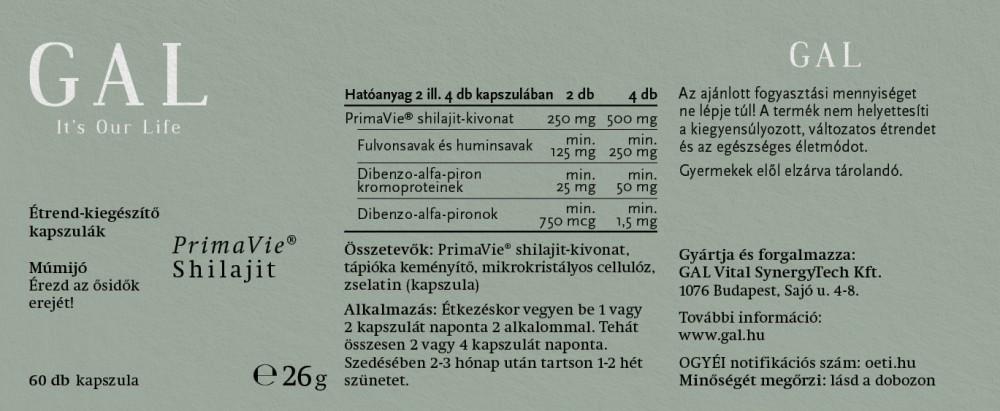 GAL PrimaVie® Shilajit összetevők és alkalmazás
