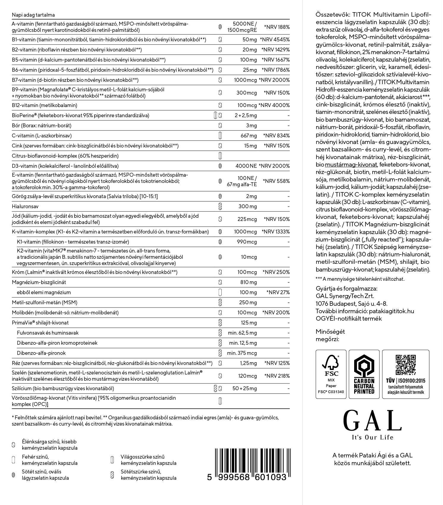 GAL TITOK Multivitamin összetevők